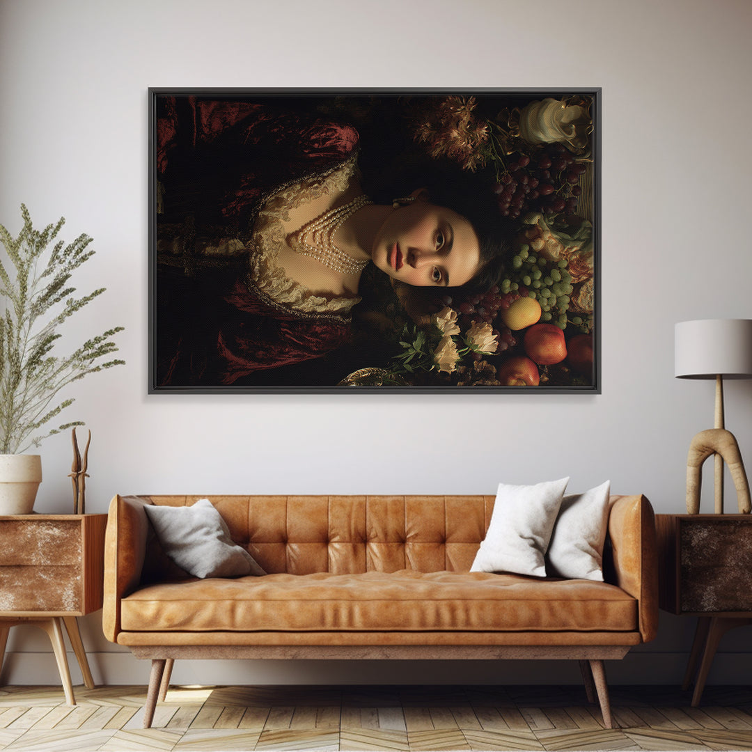 Portrait with Pearl Necklace and Velvet Dress Canvas Print, Renaissanceinspired Art, Wall Art, Living Room Decor, Classic, REN-3x2-40