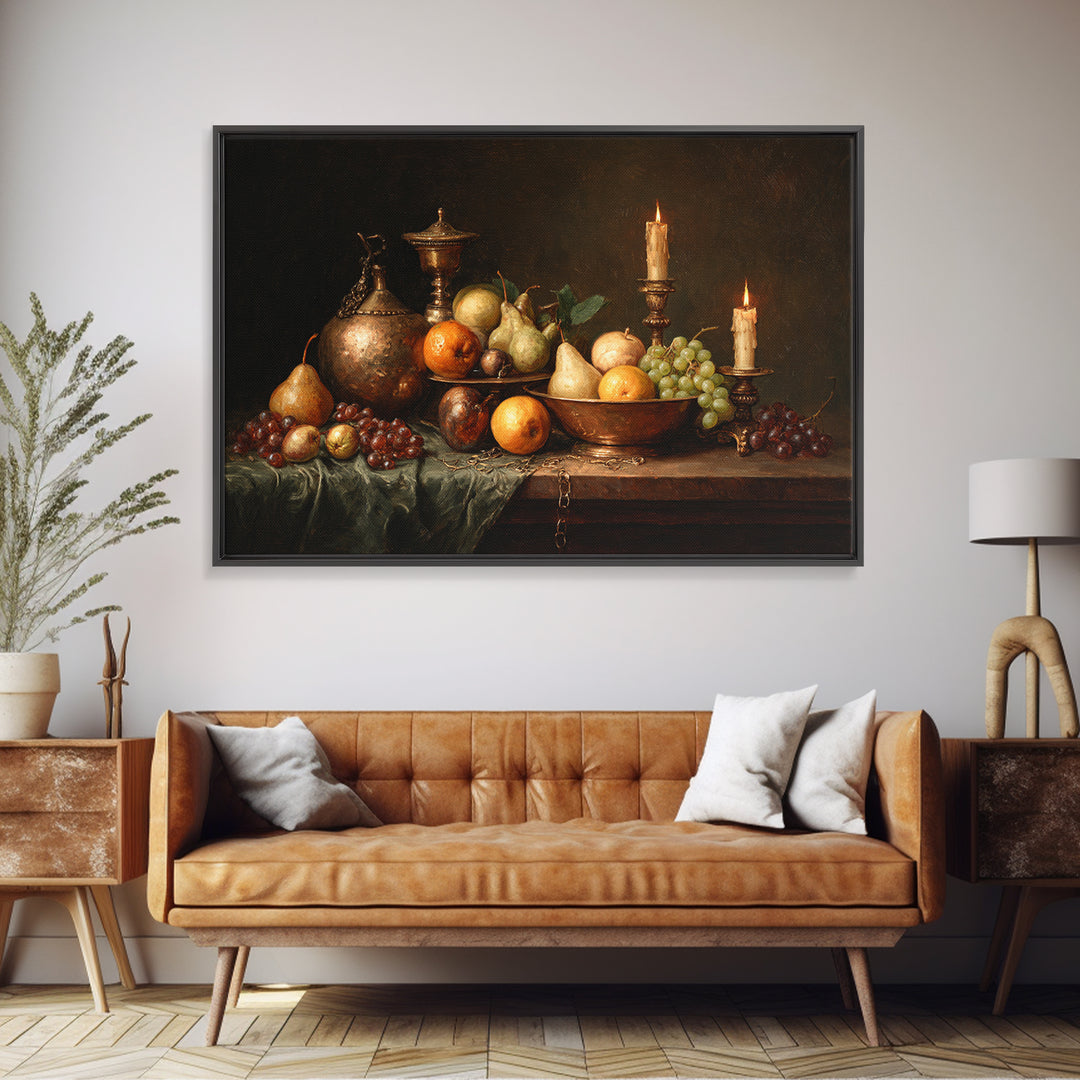 Oil Painted Fruit Still Life on Dark Canvas Print, Renaissanceinspired Art, Yoga Wall Art, Living Room Decor, Classic, REN-3x2-55