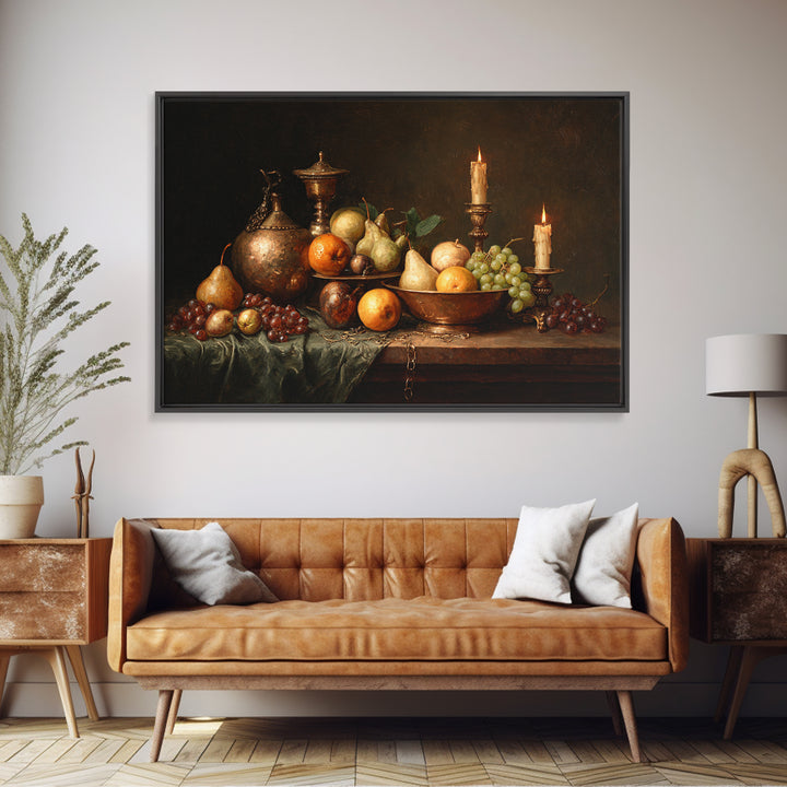 Oil Painted Fruit Still Life on Dark Canvas Print, Renaissanceinspired Art, Yoga Wall Art, Living Room Decor, Classic, REN-3x2-55
