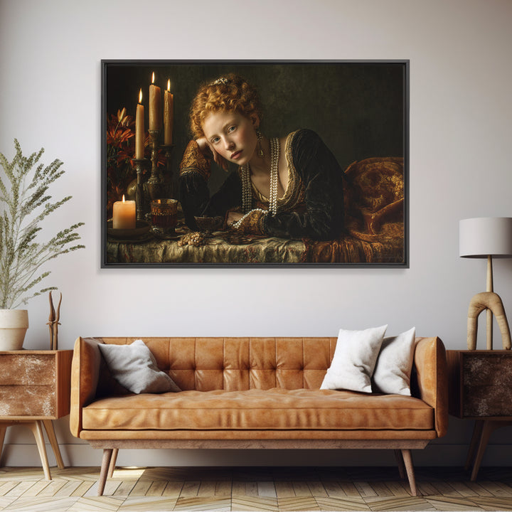 Portrait with Pearl Necklace and Velvet Dress Canvas Print, Renaissanceinspired Art, Cat Art, Living Room Decor, Classic, REN-3x2-64