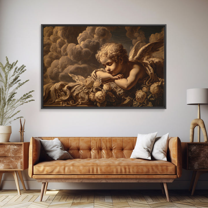 Cherub Holding a Ribbon Among Clouds Framed Canvas Print, Renaissanceinspired Art, Cat Art, Living Room Decor, Oil Painting, REN-3x2-82