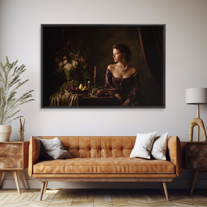 Portrait with Pearl Necklace and Velvet Dress Canvas Print, Renaissanceinspired Art, Living Room Art, Living Room Decor, REN-3x2-88