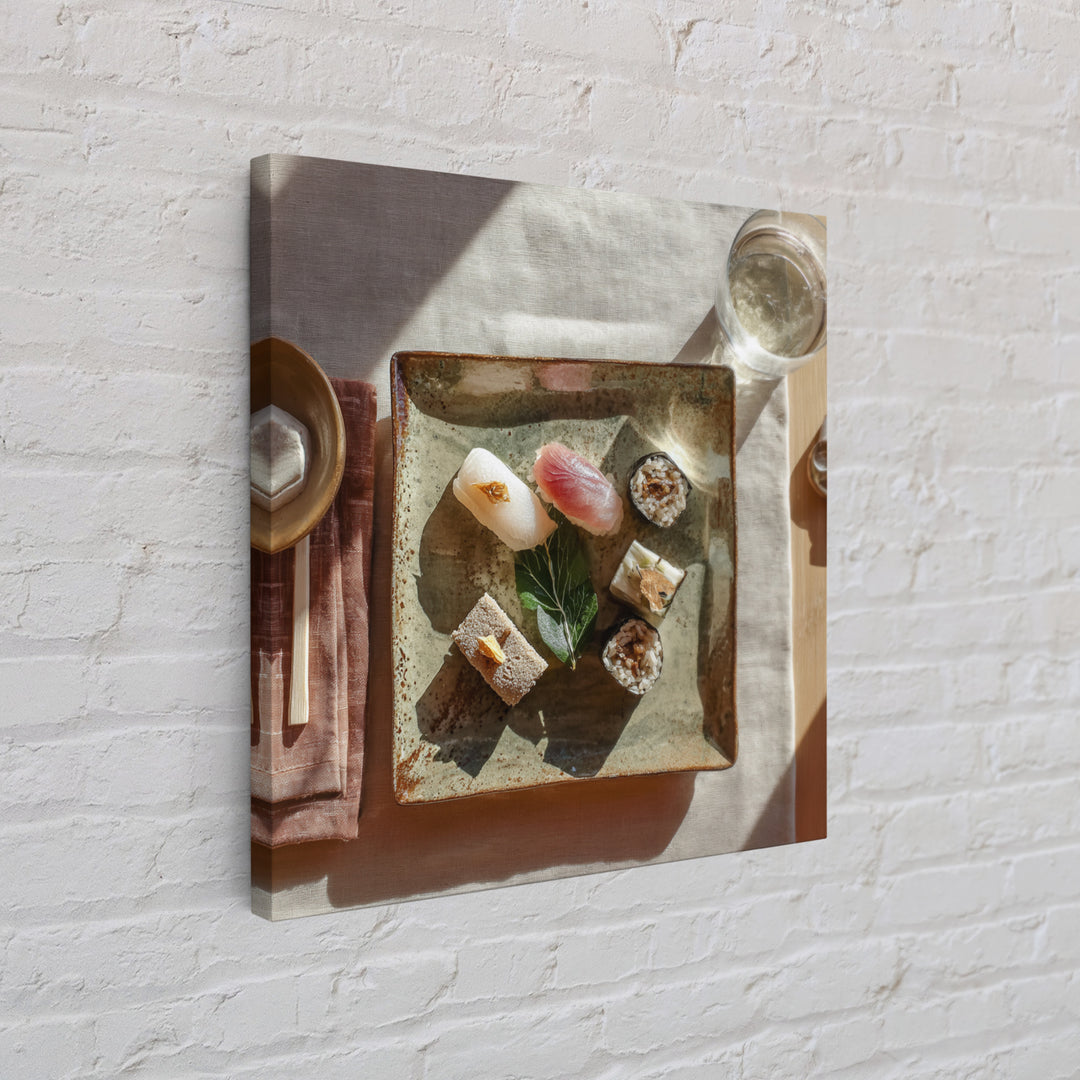 Sushi Fish and Ceramic Plate Composition Framed Canvas Print, Restaurant Art, Textured Painting, Restaurant Decor, Bistro, RES-1x1-29