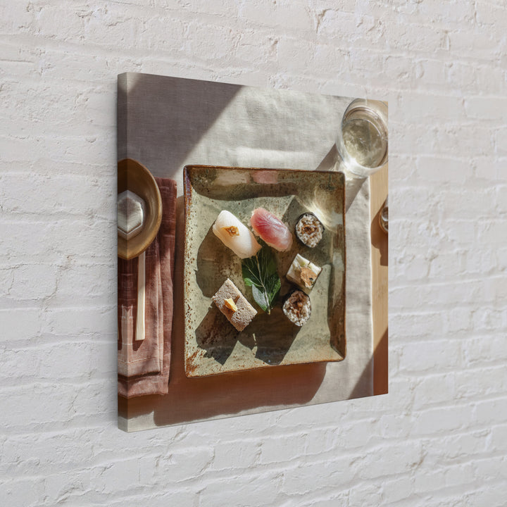 Sushi Fish and Ceramic Plate Composition Framed Canvas Print, Restaurant Art, Textured Painting, Restaurant Decor, Bistro, RES-1x1-29