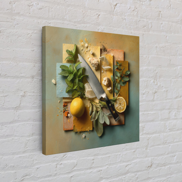 Chef Knife Herbs and Cutting Board Still Framed Canvas Print, Restaurant Art, Boho Decor, Restaurant Decor, Oil Painting, RES-1x1-37