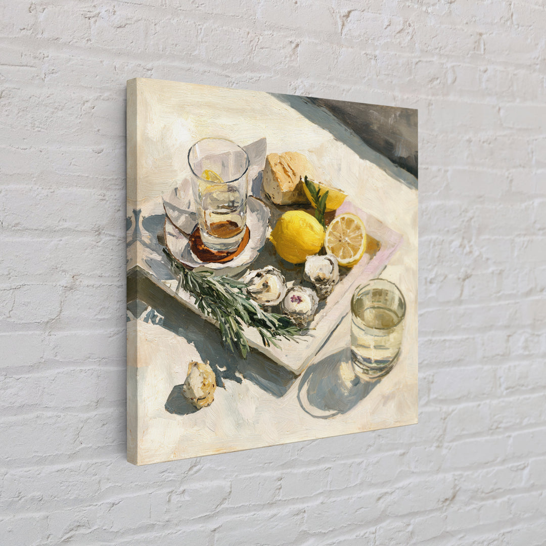 Oyster Platter with Lemons and Champagne Framed Canvas Print, Restaurant Art, Food Art, Restaurant Decor, Oil Painting, Bistro, RES-1x1-51