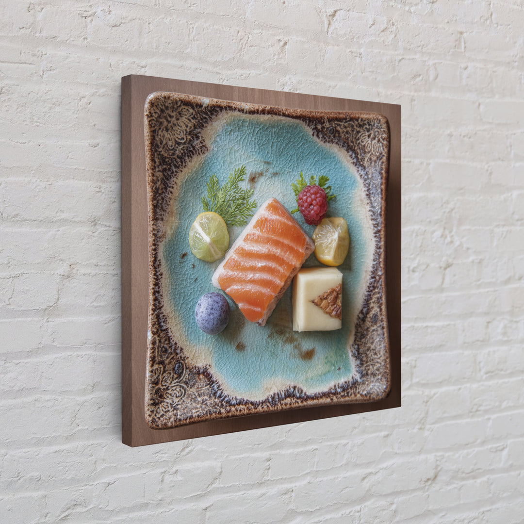 Sushi Fish and Ceramic Plate Composition Framed Canvas Print, Restaurant Art, Textured Painting, Restaurant Decor, Bistro, RES-1x1-53