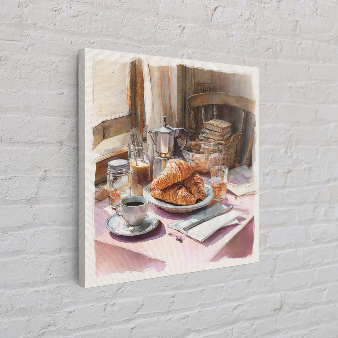 French Bistro Coffee and Croissant Still Life Canvas Print, Restaurant Art, Food Art, Restaurant Decor, Oil Painting, Bistro, RES-1x1-54