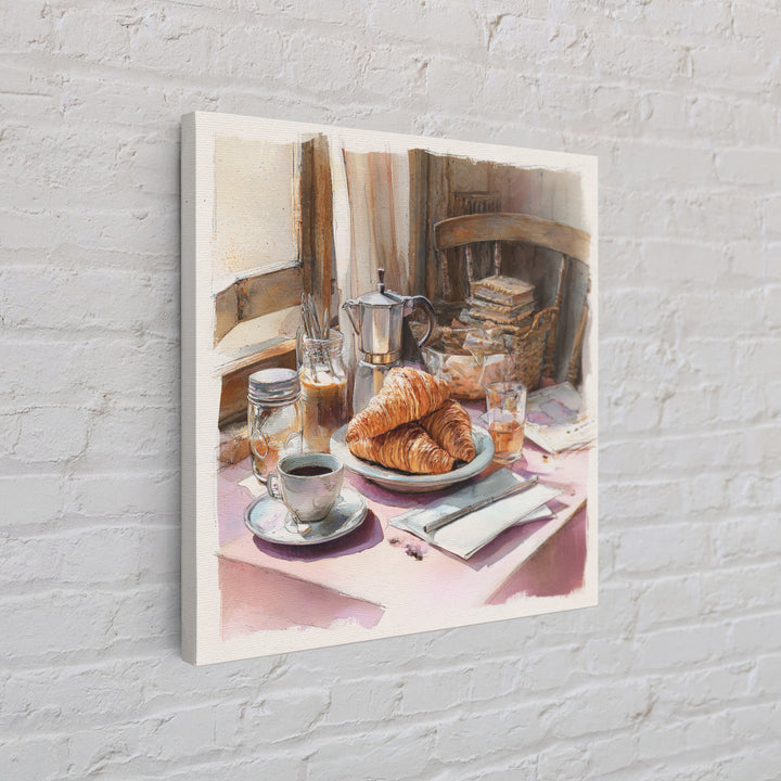 French Bistro Coffee and Croissant Still Life Canvas Print, Restaurant Art, Food Art, Restaurant Decor, Oil Painting, Bistro, RES-1x1-54