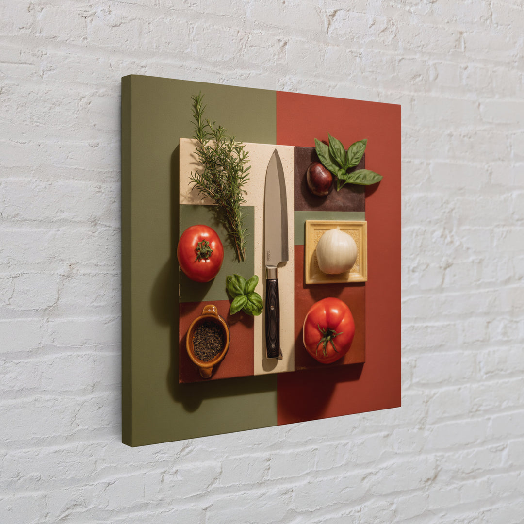 Chef Knife Herbs and Cutting Board Still Framed Canvas Print, Restaurant Art, Boho Decor, Restaurant Decor, Oil Painting, RES-1x1-61