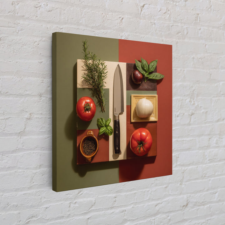 Chef Knife Herbs and Cutting Board Still Framed Canvas Print, Restaurant Art, Boho Decor, Restaurant Decor, Oil Painting, RES-1x1-61