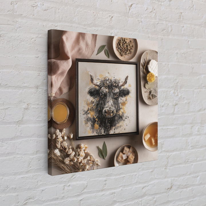 Steakhouse Black and Gold Bull Portrait Framed Canvas Print, Restaurant Art, Digital Print, Restaurant Decor, Fine Art, Bistro, RES-1x1-7