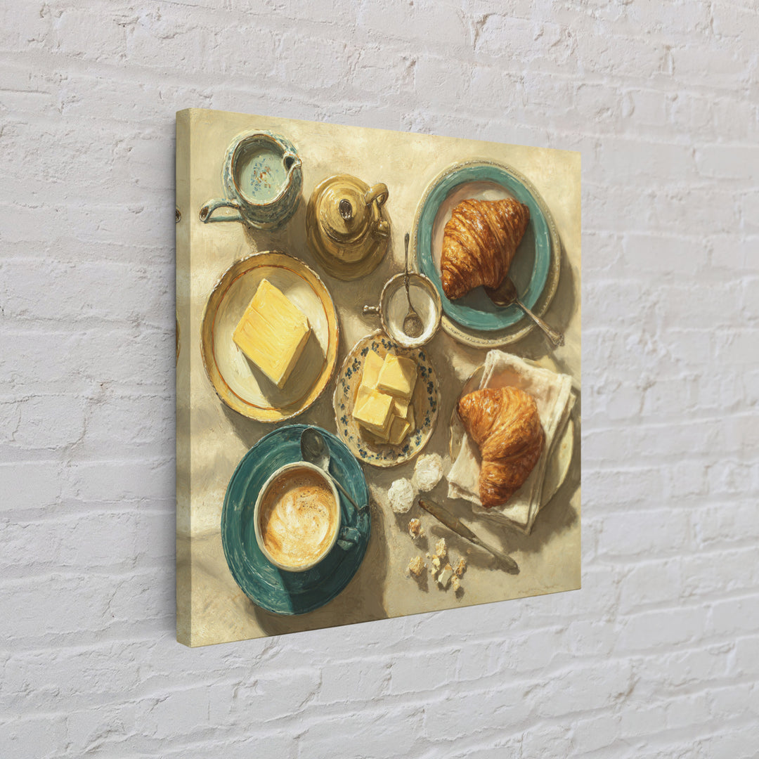 French Bistro Coffee and Croissant Still Life Framed Canvas Print, Restaurant Art, Statement Artwork, Restaurant Decor, Bistro, RES-1x1-78