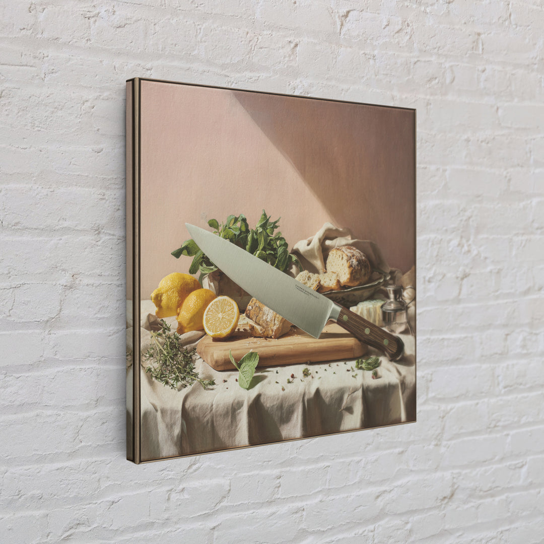 Chef Knife Herbs and Cutting Board Still Canvas Print, Restaurant Art, Minimalist Decor, Restaurant Decor, Fine Art, Bistro, RES-1x1-85