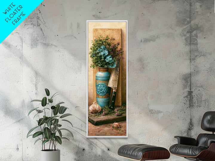 Chef Knife Herbs and Cutting Board Still Canvas Print, Restaurant Art, Boho Decor, Restaurant Decor, Oil Painting, Bistro, RES-1x3-97