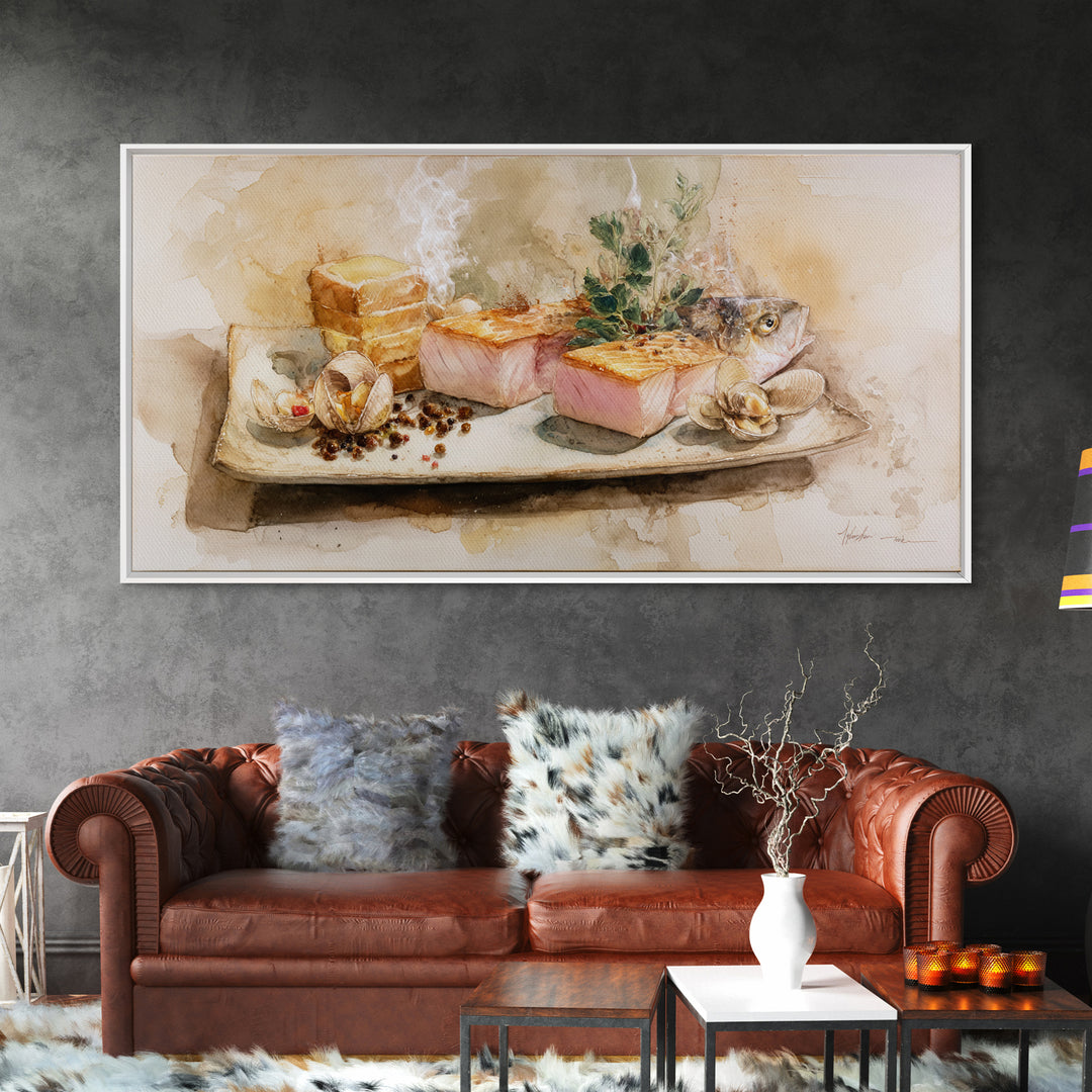 Sushi Fish and Ceramic Plate Composition Framed Canvas Print, Restaurant Art, Large Wall Art, Restaurant Decor, Bistro, RES-2x1-1