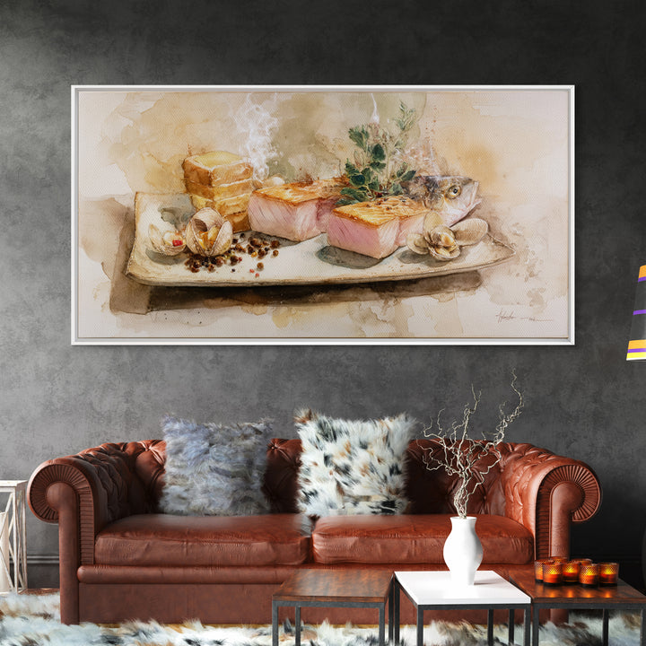 Sushi Fish and Ceramic Plate Composition Framed Canvas Print, Restaurant Art, Large Wall Art, Restaurant Decor, Bistro, RES-2x1-1