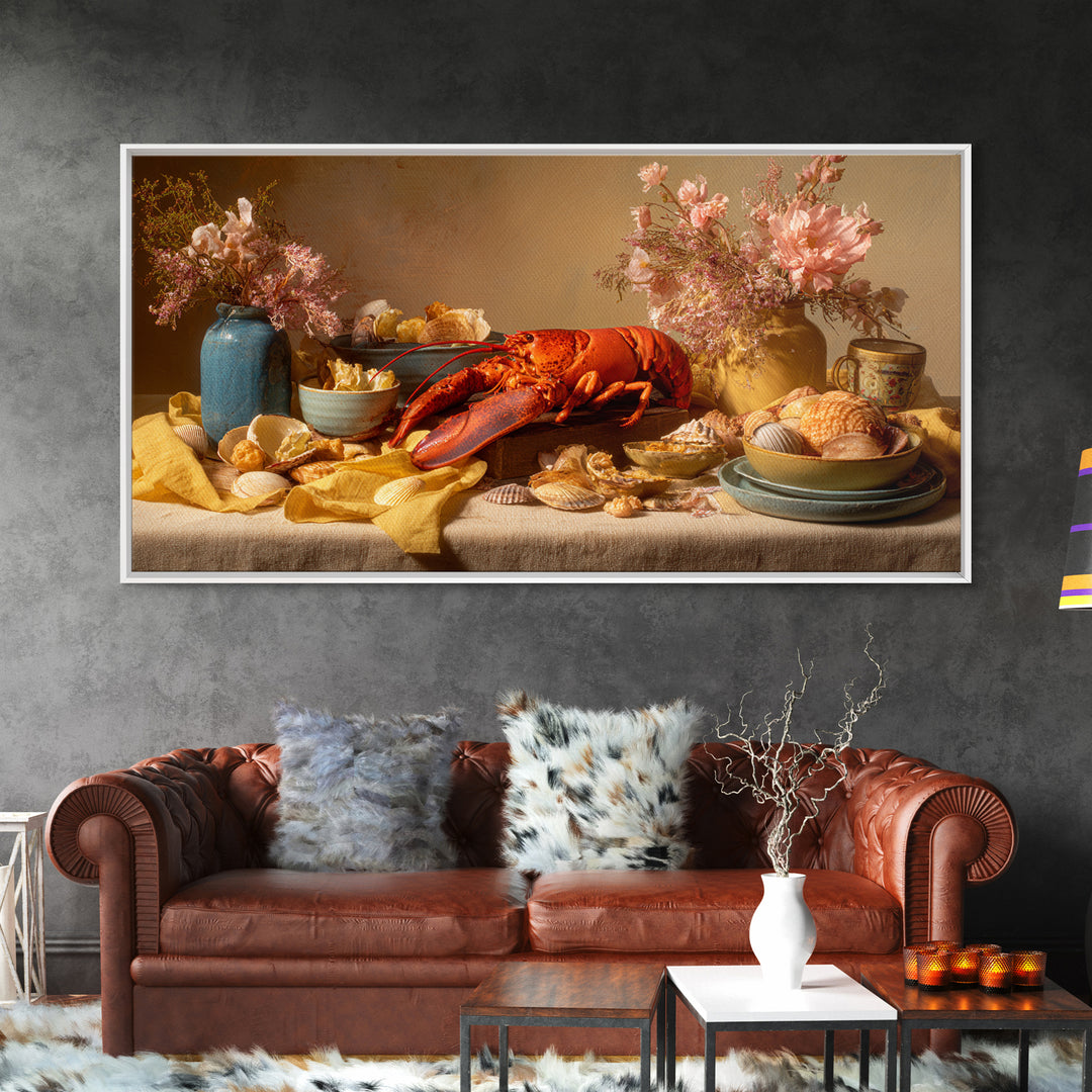 Seafood Lobster and Shell Arrangement Framed Canvas Print, Restaurant Art, Canvas Print, Restaurant Decor, Fine Art, Bistro, RES-2x1-100