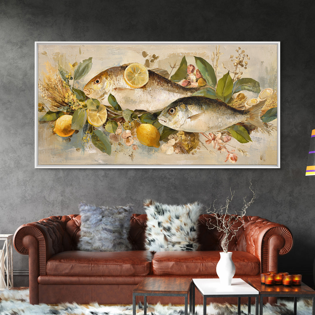Fresh Fish with Lemon and Herbs Framed Canvas Print, Restaurant Art, Cool Wall Art, Restaurant Decor, Fine Art, Bistro, RES-2x1-19