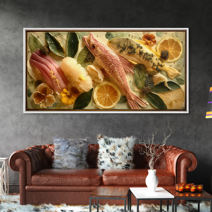 Sushi Fish and Ceramic Plate Composition Framed Canvas Print, Restaurant Art, Large Wall Art, Restaurant Decor, Bistro, RES-2x1-25