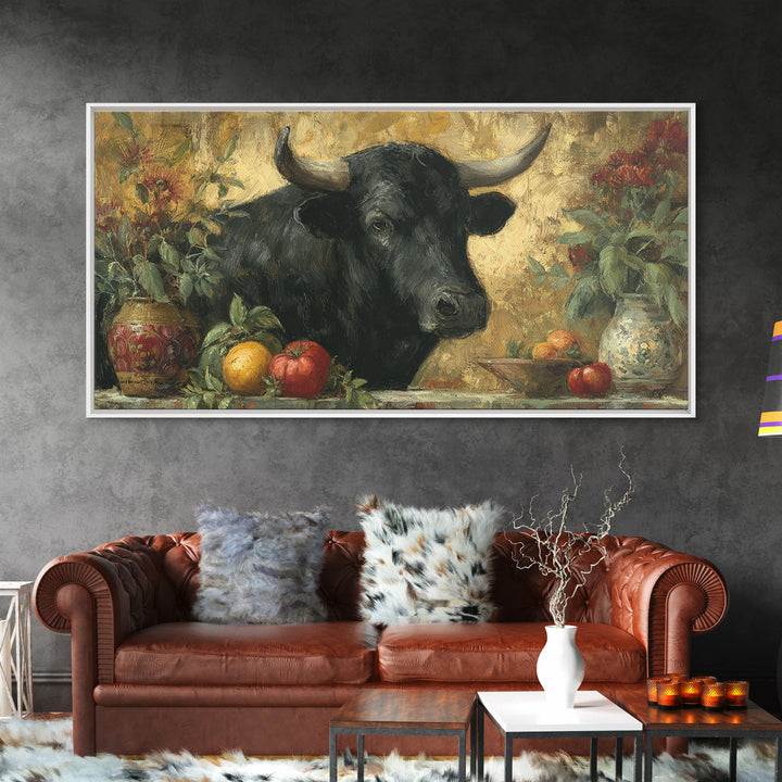 Steakhouse Black and Gold Bull Portrait Framed Canvas Print, Restaurant Art, Boho Decor, Restaurant Decor, Fine Art, Bistro, RES-2x1-27
