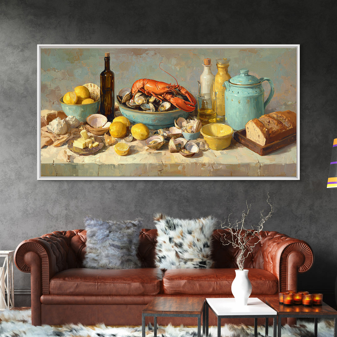 Seafood Lobster and Shell Arrangement Framed Canvas Print, Restaurant Art, Contemporary Art, Restaurant Decor, Fine Art, Bistro, RES-2x1-28