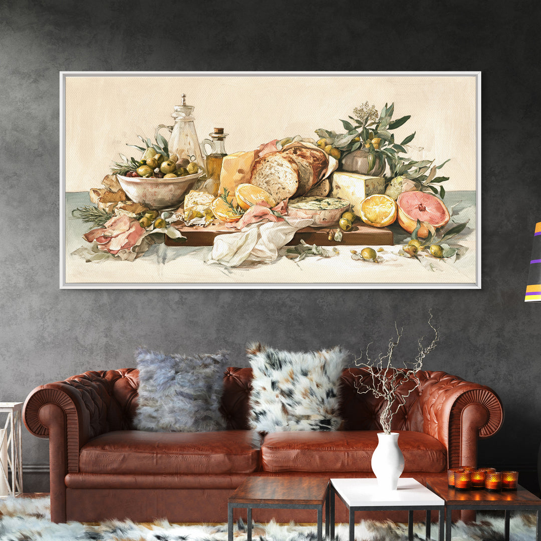 Mediterranean Olives Bread and Cheese Board Canvas Print, Restaurant Art, Framed Wall Art, Restaurant Decor, Bistro, Food Art, RES-2x1-29