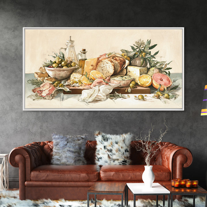 Mediterranean Olives Bread and Cheese Board Canvas Print, Restaurant Art, Framed Wall Art, Restaurant Decor, Bistro, Food Art, RES-2x1-29