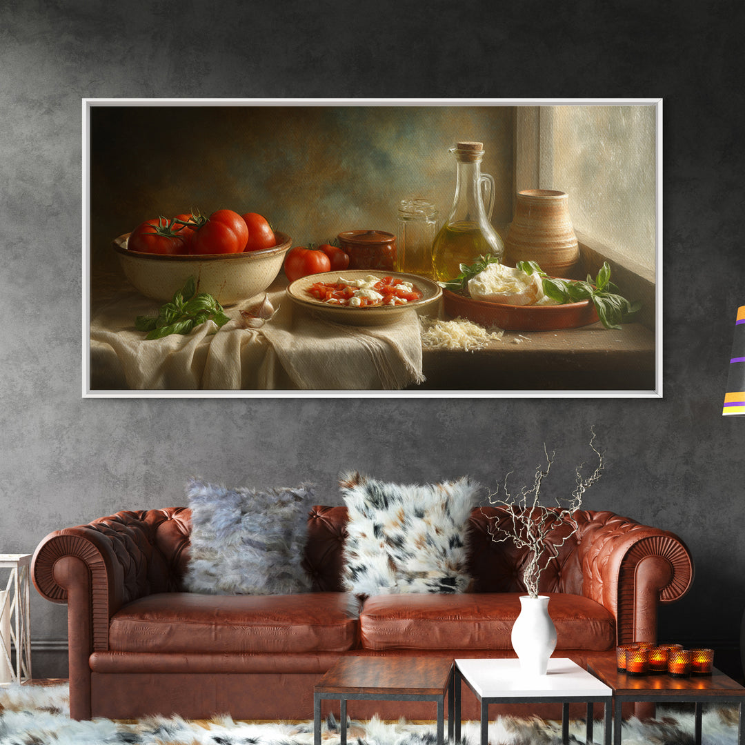 Pizzeria Tomato Basil and Mozzarella Still Life Canvas Print, Restaurant Art, Minimalist Decor, Restaurant Decor, Bistro, RES-2x1-30