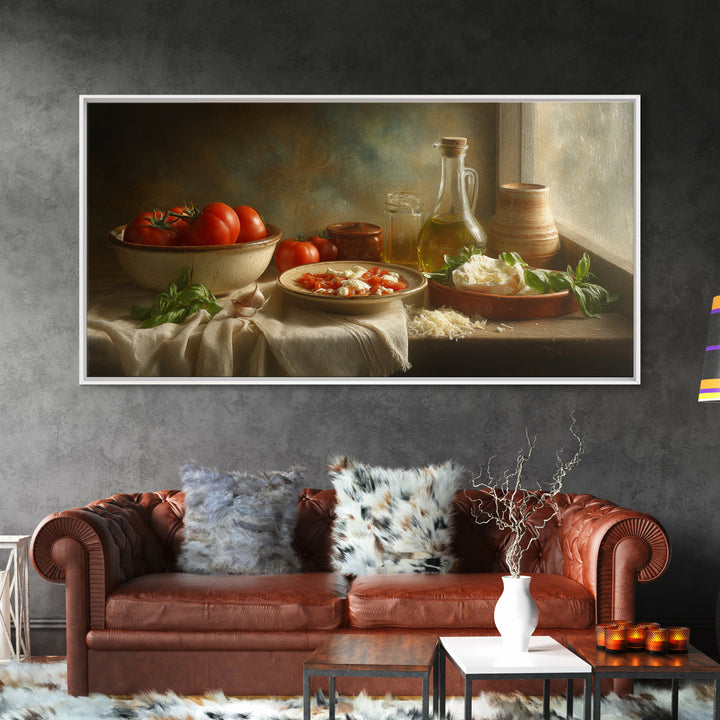 Pizzeria Tomato Basil and Mozzarella Still Life Canvas Print, Restaurant Art, Minimalist Decor, Restaurant Decor, Bistro, RES-2x1-30