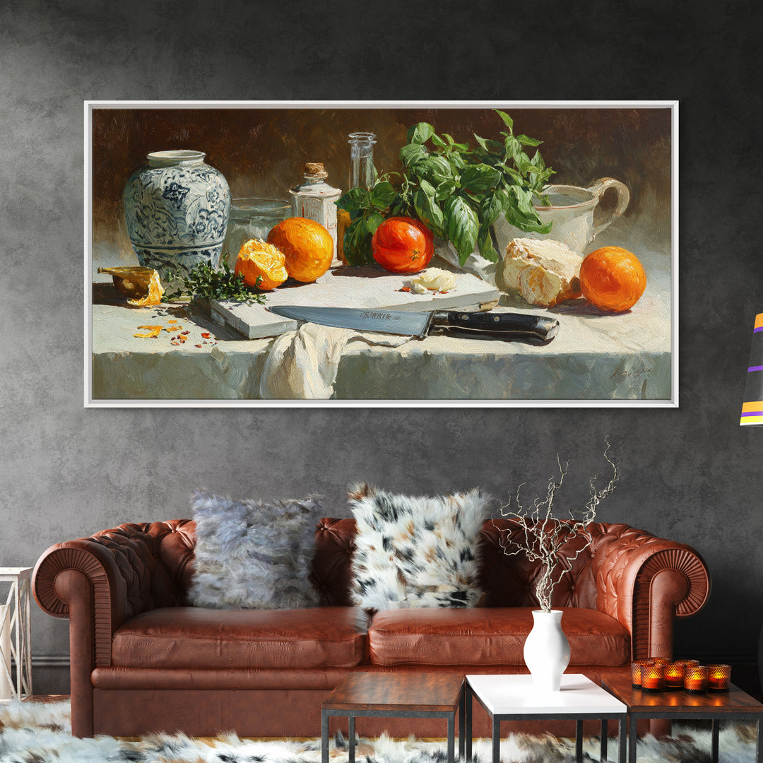 Chef Knife Herbs and Cutting Board Still Framed Canvas Print, Restaurant Art, Art Print, Restaurant Decor, Fine Art, Bistro, RES-2x1-33