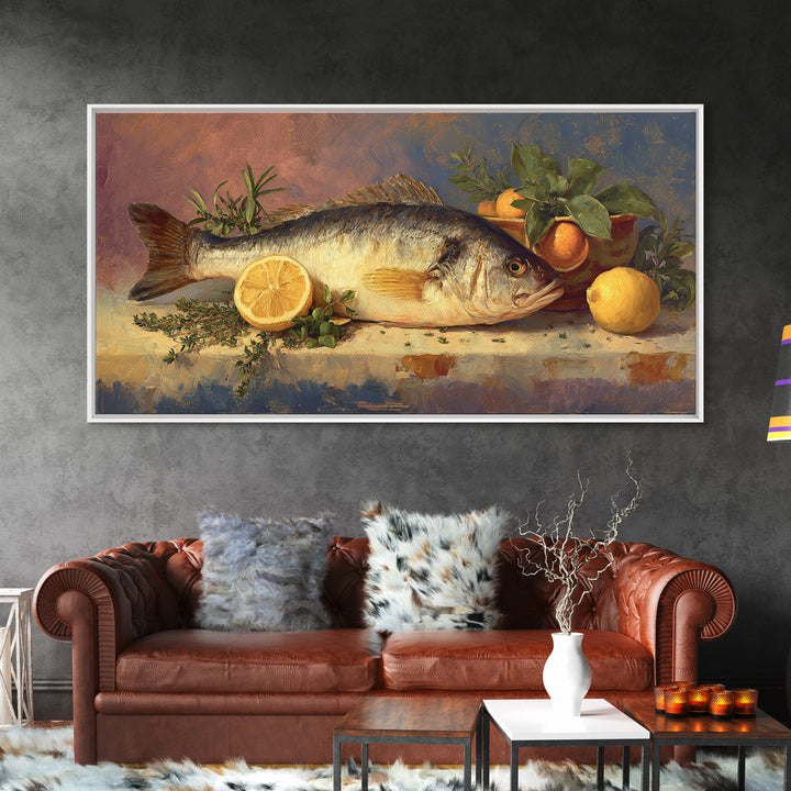 Fresh Fish with Lemon and Herbs Framed Canvas Print, Restaurant Art, Large Wall Art, Restaurant Decor, Fine Art, Bistro, RES-2x1-43