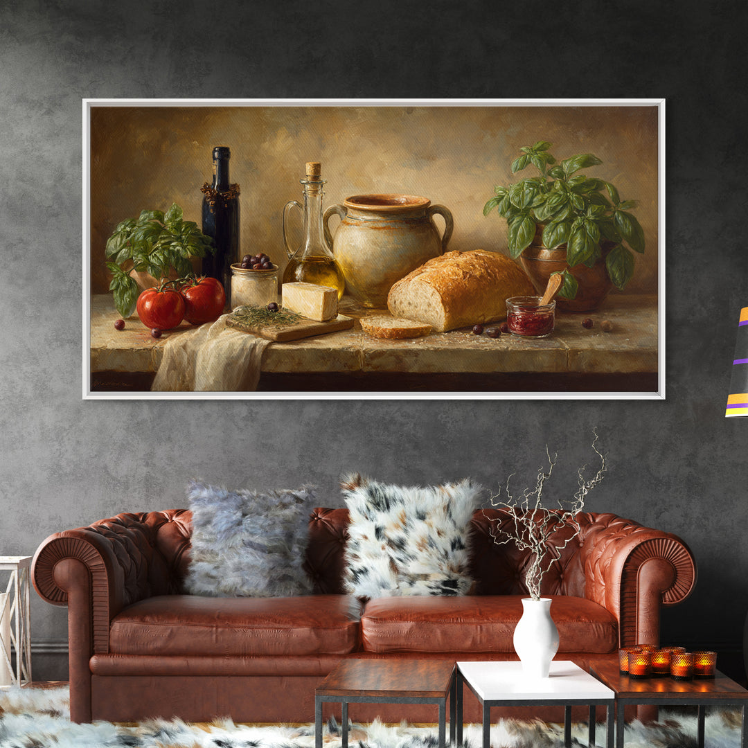 Mediterranean Olives Bread and Cheese Board Canvas Print, Restaurant Art, Framed Wall Art, Restaurant Decor, Bistro, Food Art, RES-2x1-5