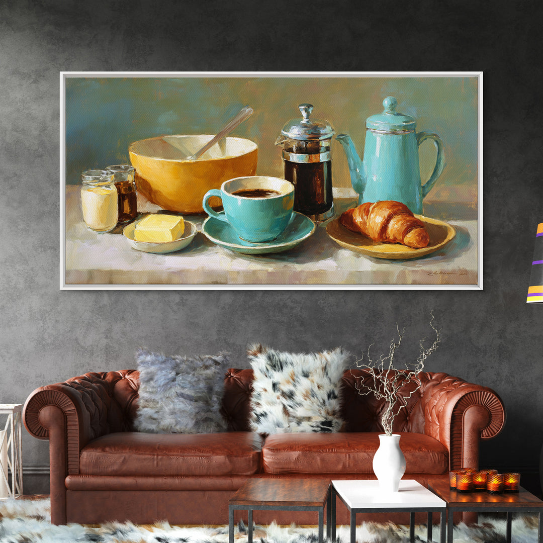 French Bistro Coffee and Croissant Still Life Framed Canvas Print, Restaurant Art, Wall Decor, Restaurant Decor, Bistro, RES-2x1-50