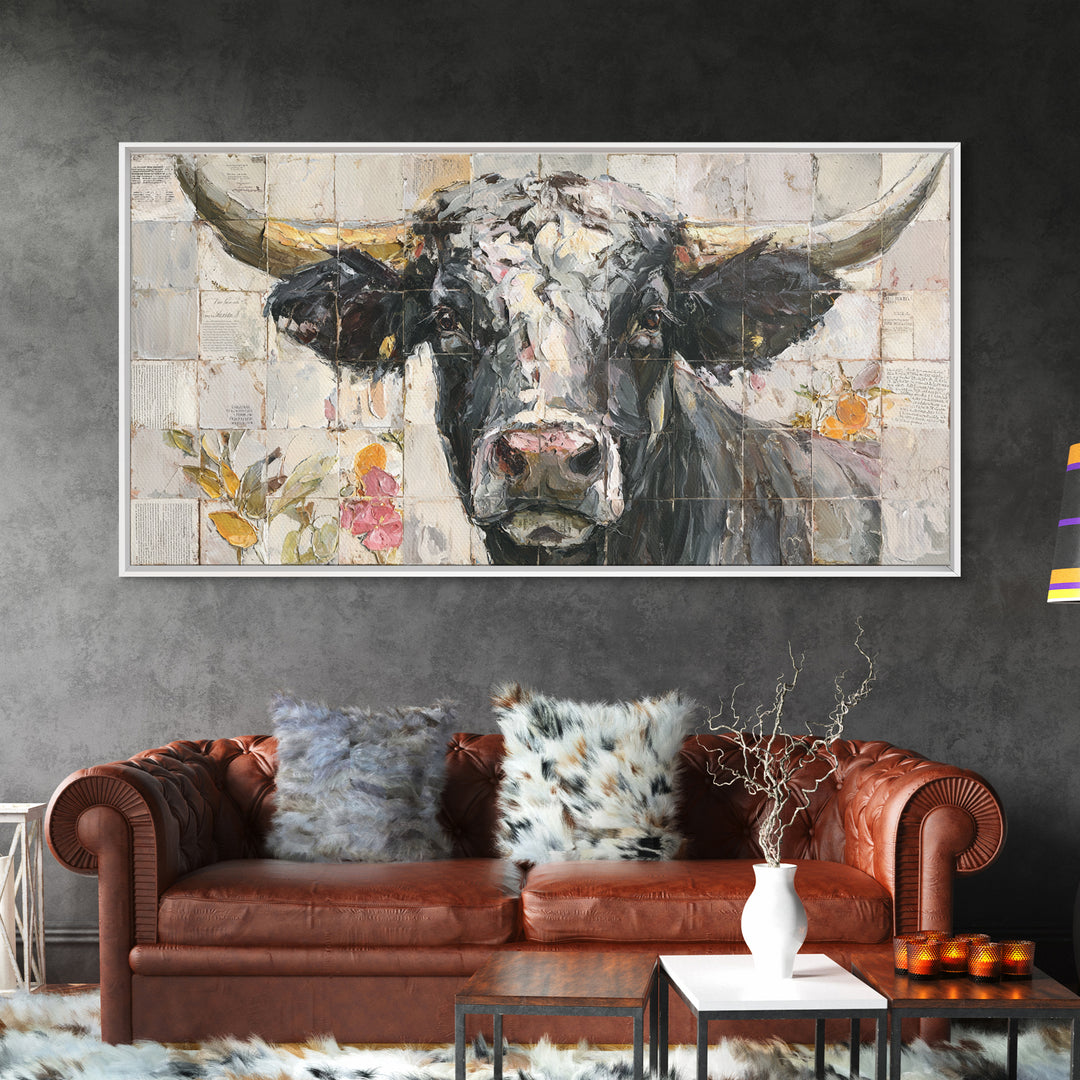 Steakhouse Black and Gold Bull Portrait Framed Canvas Print, Restaurant Art, Farmhouse Decor, Restaurant Decor, Bistro, RES-2x1-51