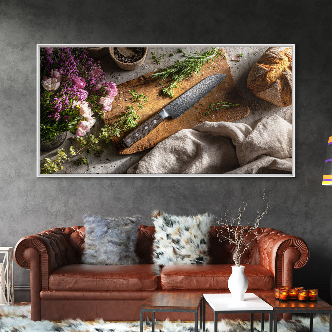 Chef Knife Herbs and Cutting Board Still Canvas Print, Restaurant Art, Canvas Wall Art, Restaurant Decor, Fine Art, Bistro, RES-2x1-57