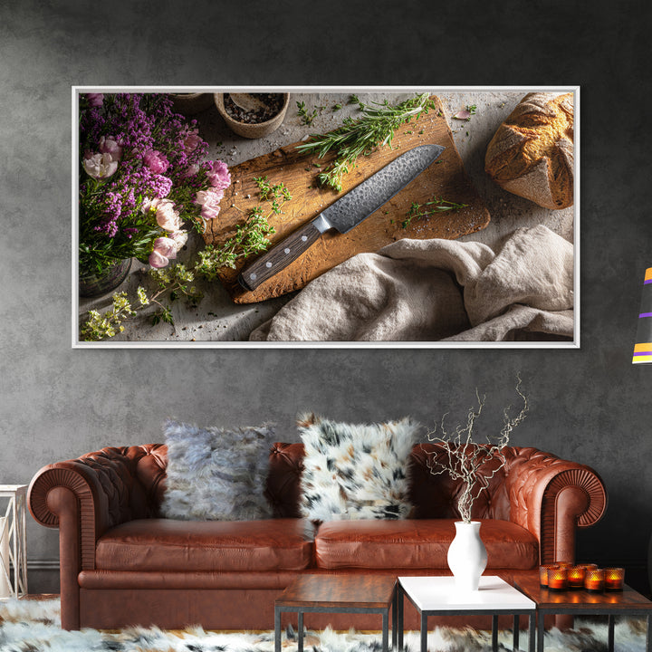 Chef Knife Herbs and Cutting Board Still Canvas Print, Restaurant Art, Canvas Wall Art, Restaurant Decor, Fine Art, Bistro, RES-2x1-57