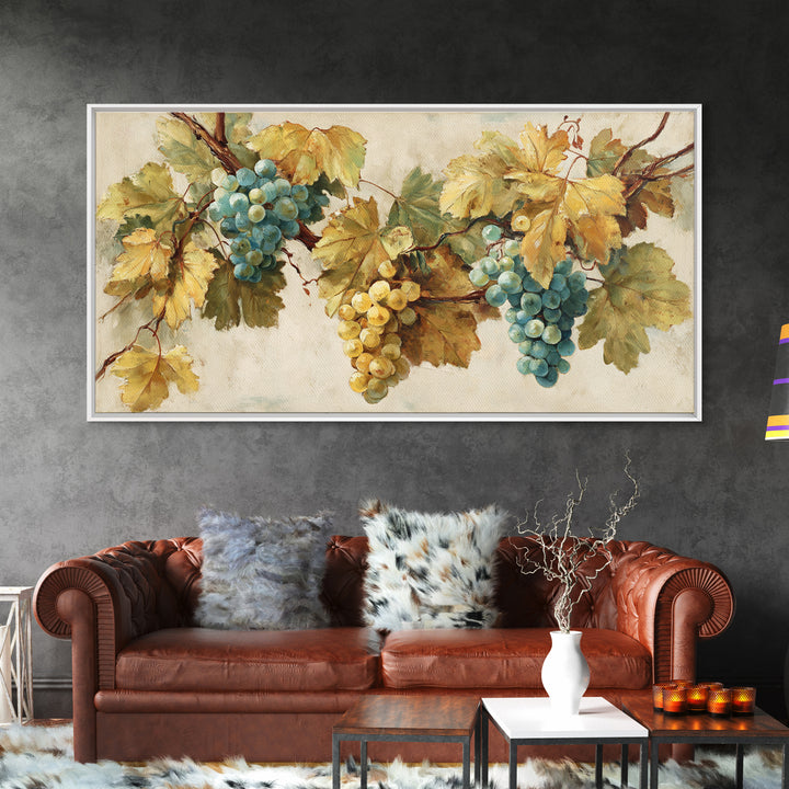 Wine Grapevine Botanical Study Framed Canvas Print, Restaurant Art, Bedroom Wall Art, Restaurant Decor, Watercolor Art, Bistro, RES-2x1-59