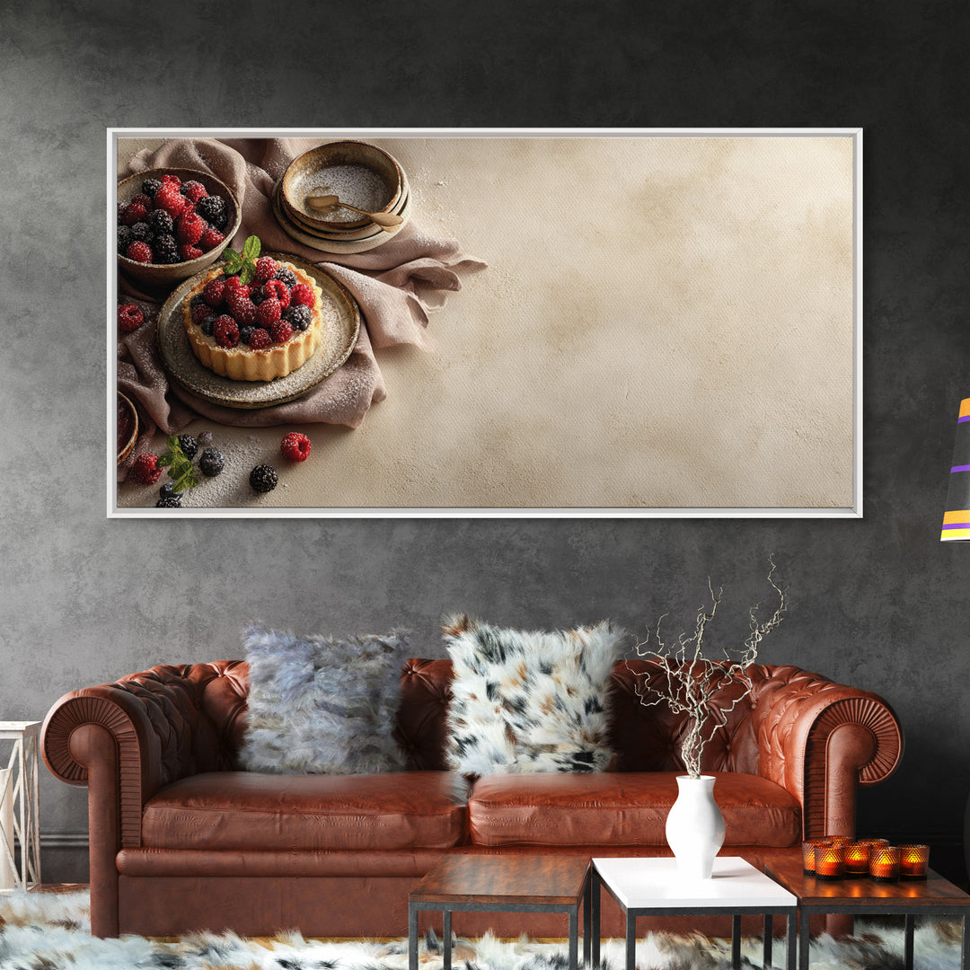 Dessert Tart with Berries and Cream Framed Canvas Print, Restaurant Art, Restaurant Decor, Oil Painting, Bistro, RES-2x1-60