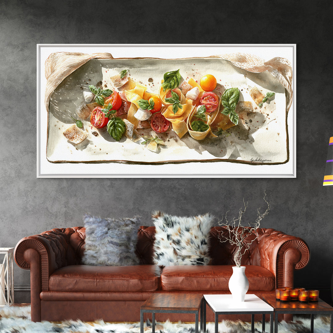 Fresh Pasta with Tomatoes and Basil Canvas Print, Restaurant Art, Large Wall Art, Restaurant Decor, Fine Art, Bistro, RES-2x1-70