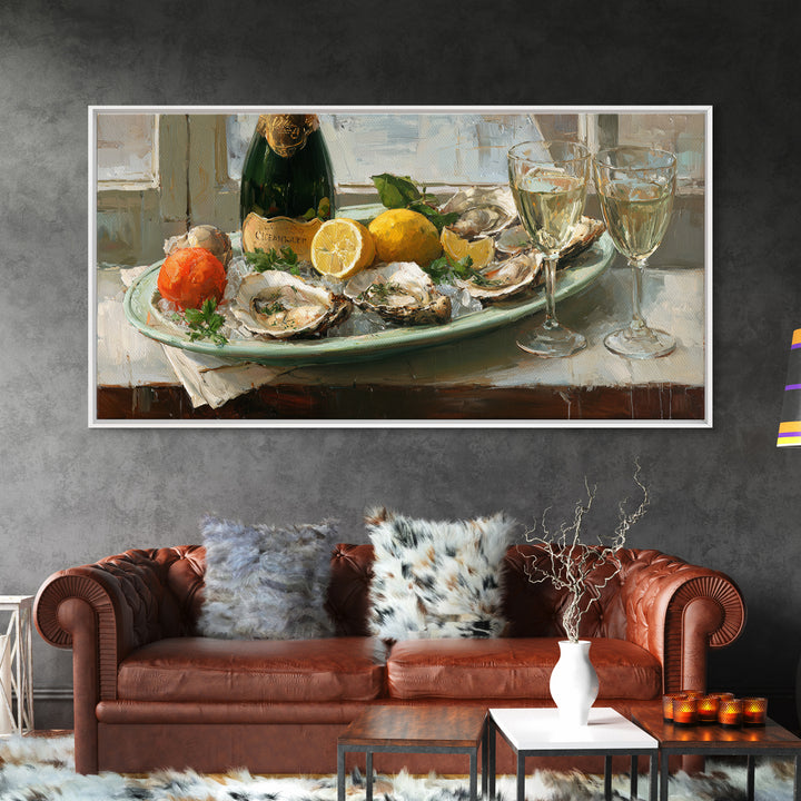 Oyster Platter with Lemons and Champagne Canvas Print, Restaurant Art, Watercolor Art, Restaurant Decor, Abstract Art, Bistro, RES-2x1-71