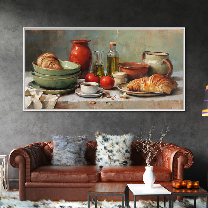 French Bistro Coffee and Croissant Still Life Canvas Print, Restaurant Art, Framed Wall Art, Restaurant Decor, Watercolor Art, RES-2x1-74