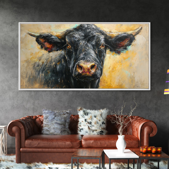 Steakhouse Black and Gold Bull Portrait Framed Canvas Print, Restaurant Art, Room Decor, Restaurant Decor, Oil Painting, Bistro, RES-2x1-75