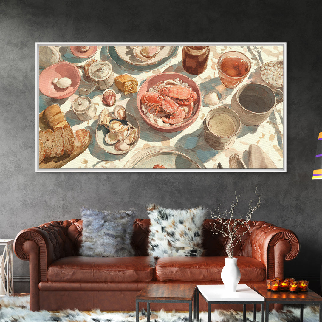 Seafood Lobster and Shell Arrangement Canvas Print, Restaurant Art, Kitchen Art, Restaurant Decor, Fine Art, Bistro, Food Art, RES-2x1-76