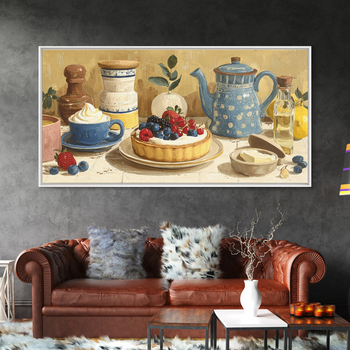 Dessert Tart with Berries and Cream Framed Canvas Print, Restaurant Art, Living Room Decor, Restaurant Decor, Fine Art, Bistro, RES-2x1-84
