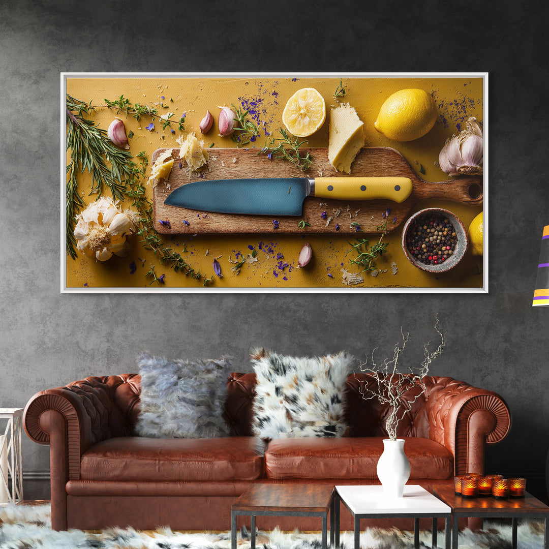 Chef Knife Herbs and Cutting Board Still Framed Canvas Print, Restaurant Art, Art Print, Restaurant Decor, Fine Art, Bistro, RES-2x1-9