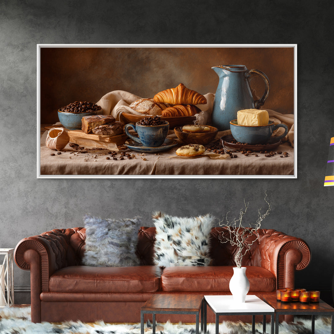 Coffee Beans and Pastry Arrangement Framed Canvas Print, Restaurant Art, Restaurant Decor, Oil Painting, Bistro, RES-2x1-90