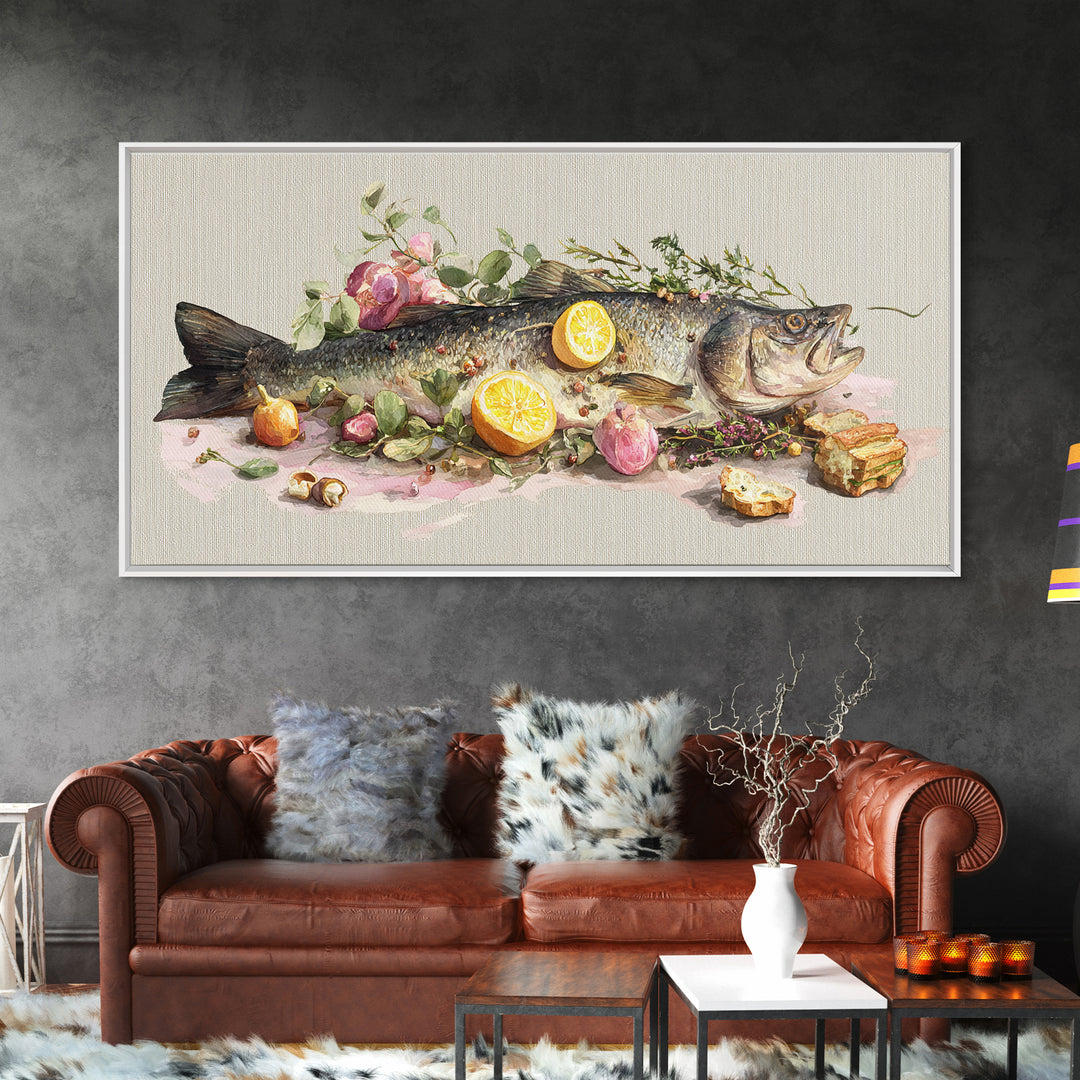 Fresh Fish with Lemon and Herbs Framed Canvas Print, Restaurant Art, Kitchen Decor, Restaurant Decor, Fine Art, Bistro, RES-2x1-91