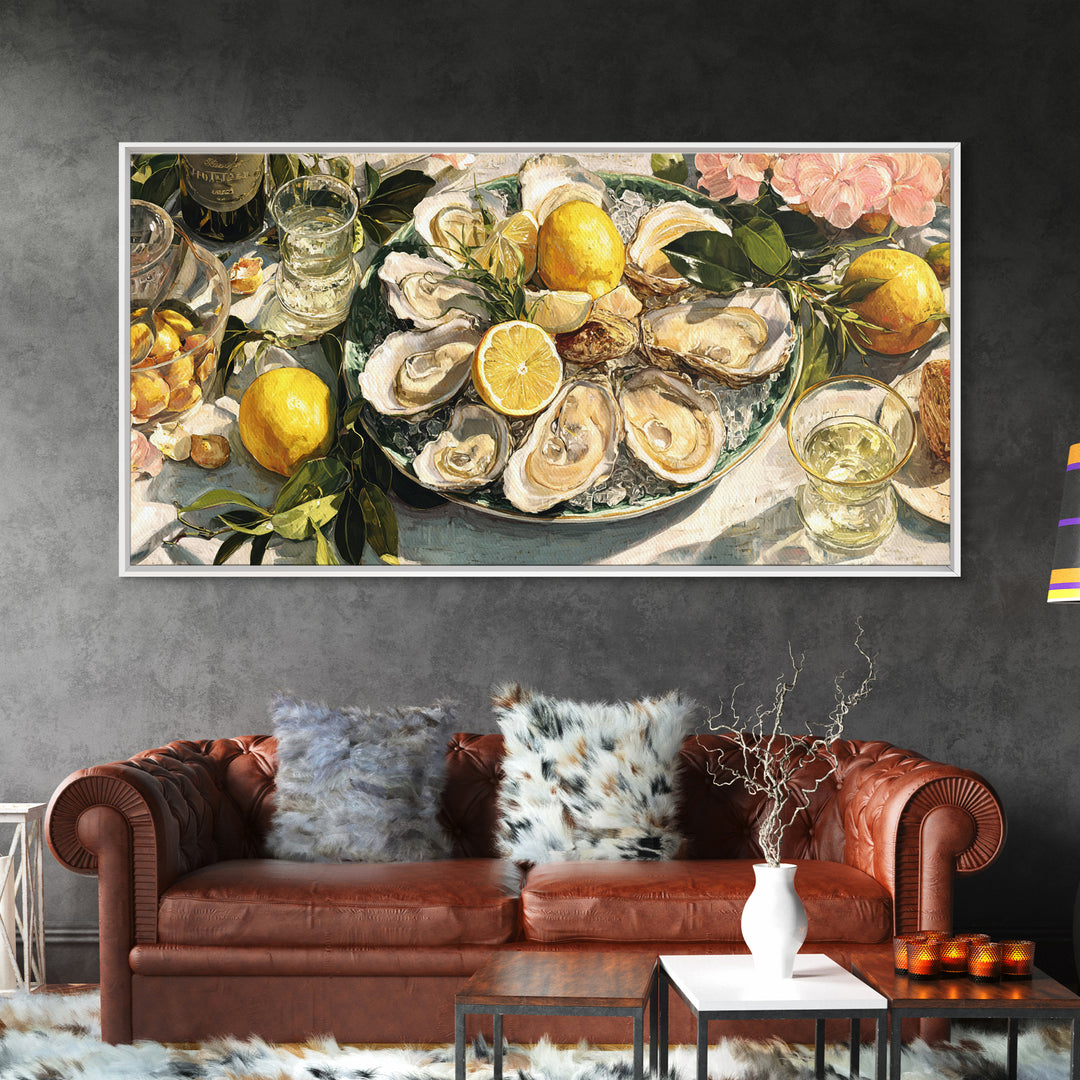 Oyster Platter with Lemons and Champagne Framed Canvas Print, Restaurant Art, Neutral Decor, Restaurant Decor, Fine Art, Bistro, RES-2x1-95