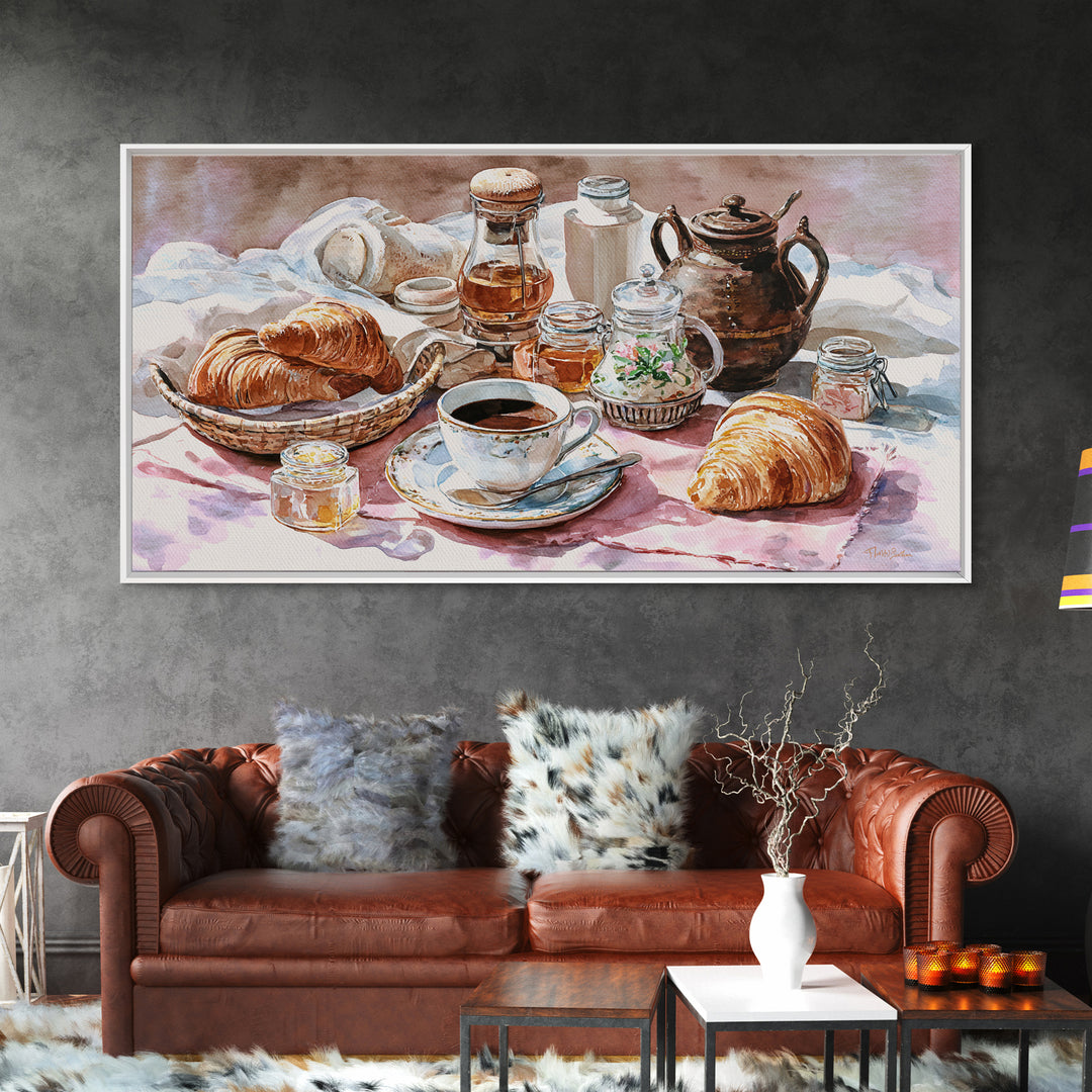 French Bistro Coffee and Croissant Still Life Canvas Print, Restaurant Art, Framed Wall Art, Restaurant Decor, Watercolor Art, RES-2x1-98